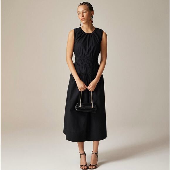 J.Crew Hyacinth Midi Dress WMNS L Black A-Line Smocked Sleeveless Cotton Poplin - Picture 1 of 8